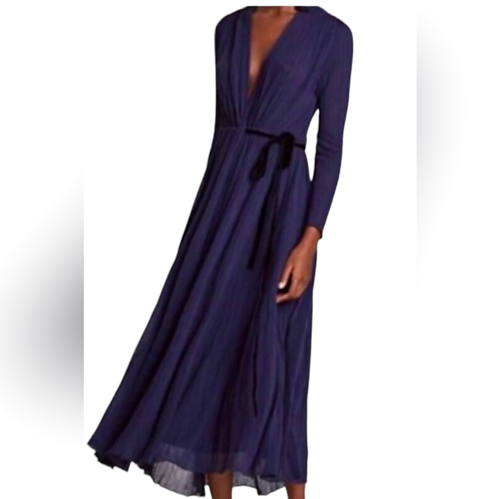 Zara Long sleeve knit wrap dress navy with black trim/tie waist maxi size small